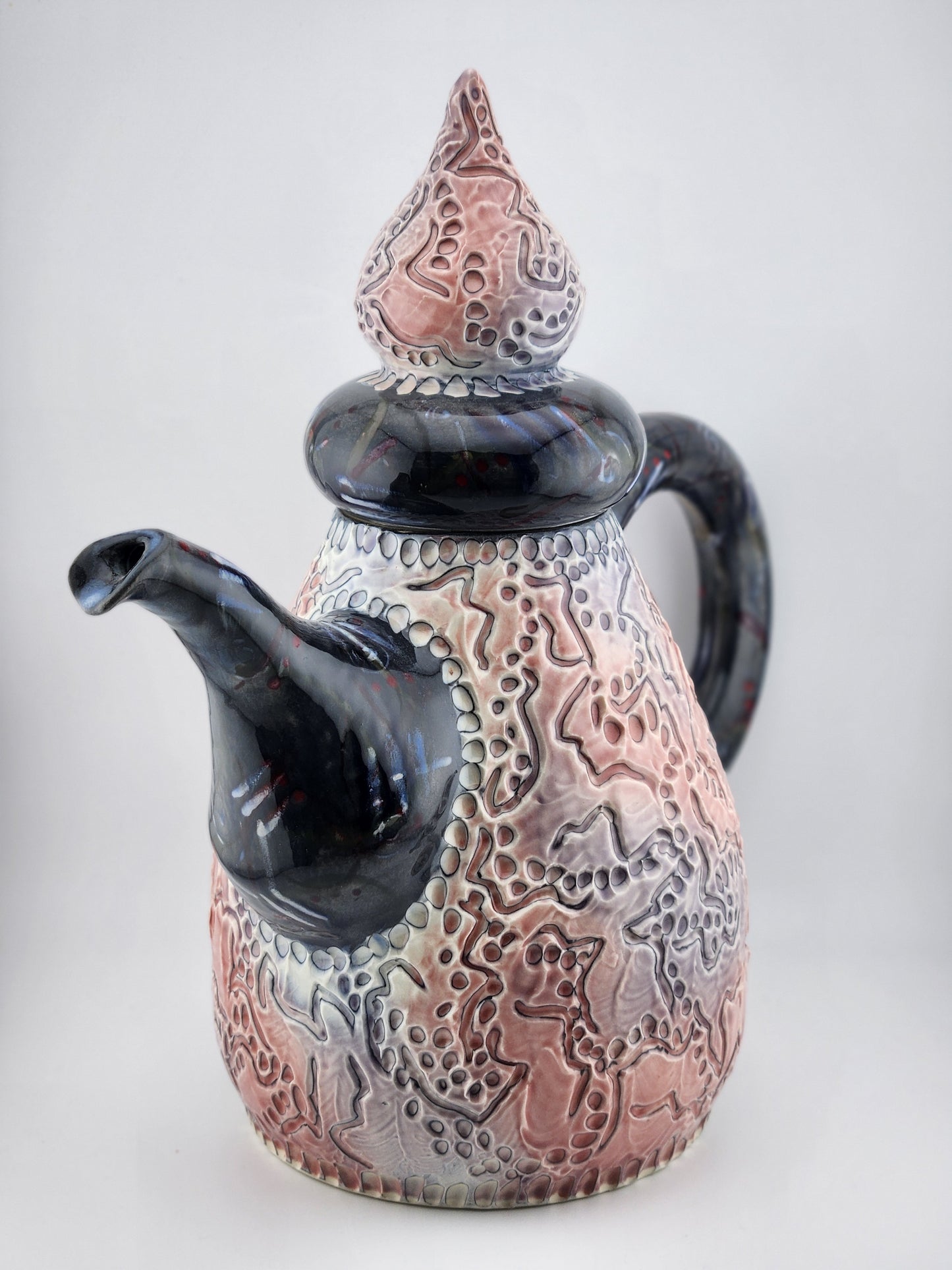 Carved Pink & Grey Teapot