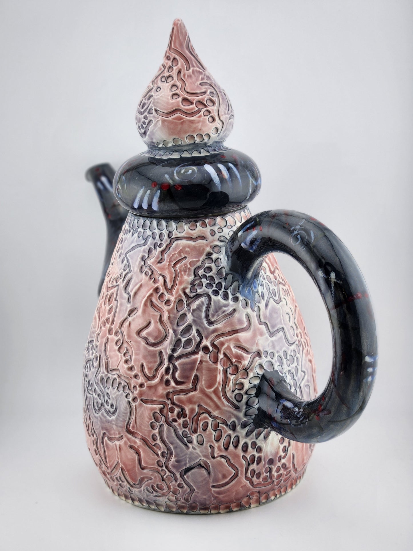 Carved Pink & Grey Teapot