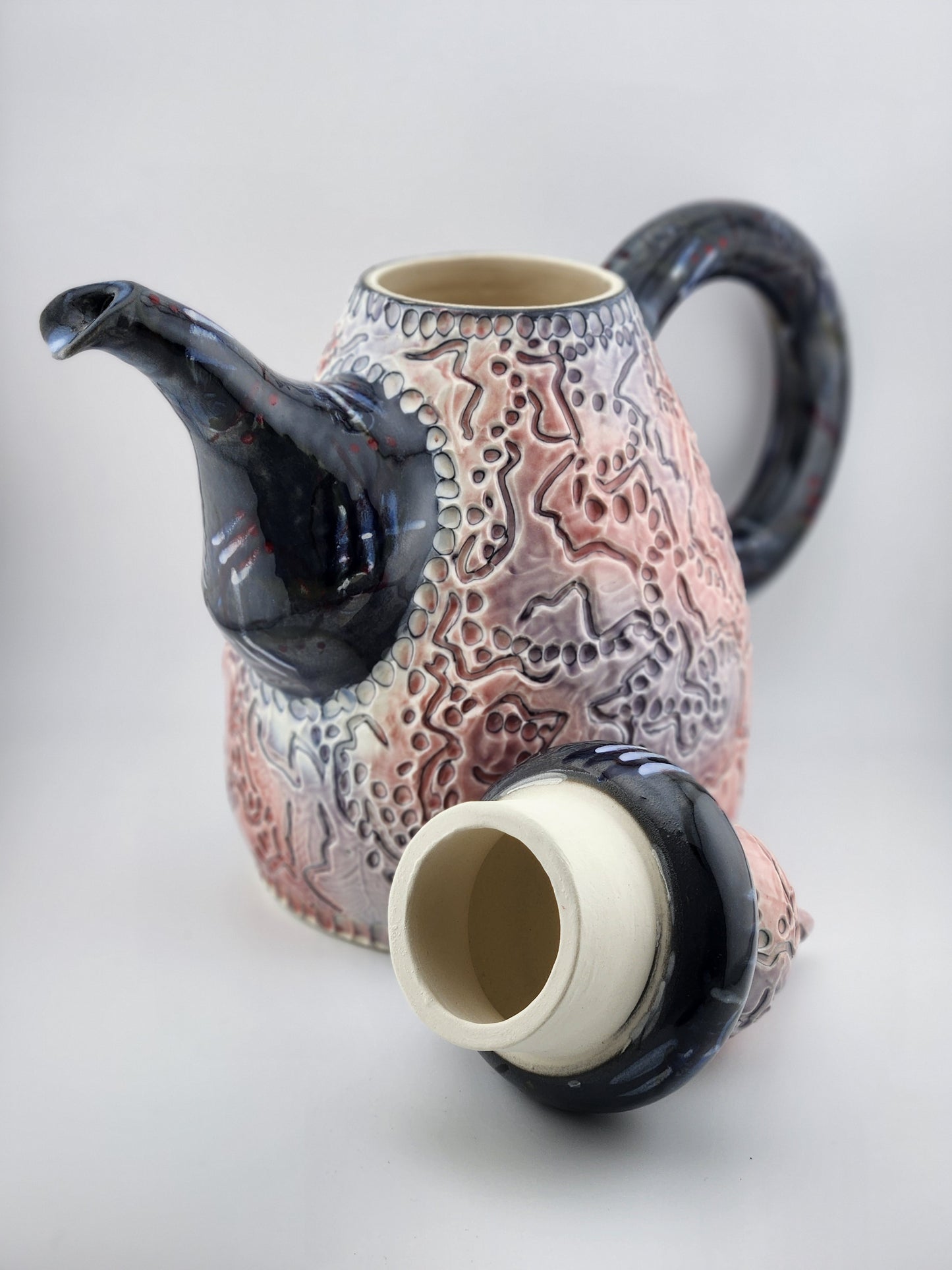 Carved Pink & Grey Teapot