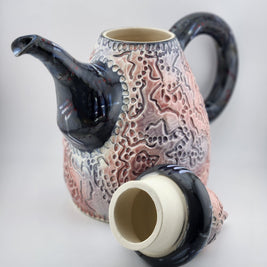 Carved Pink & Grey Teapot