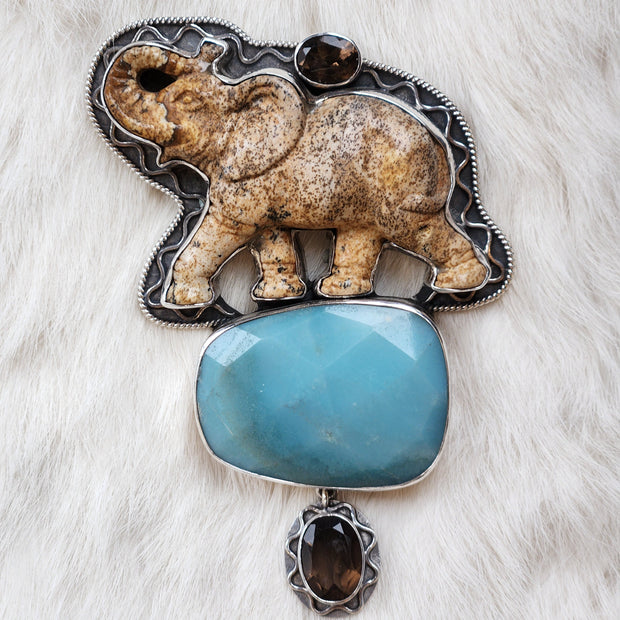 Carved Picture Jasper Elephant Pendant/Pin
