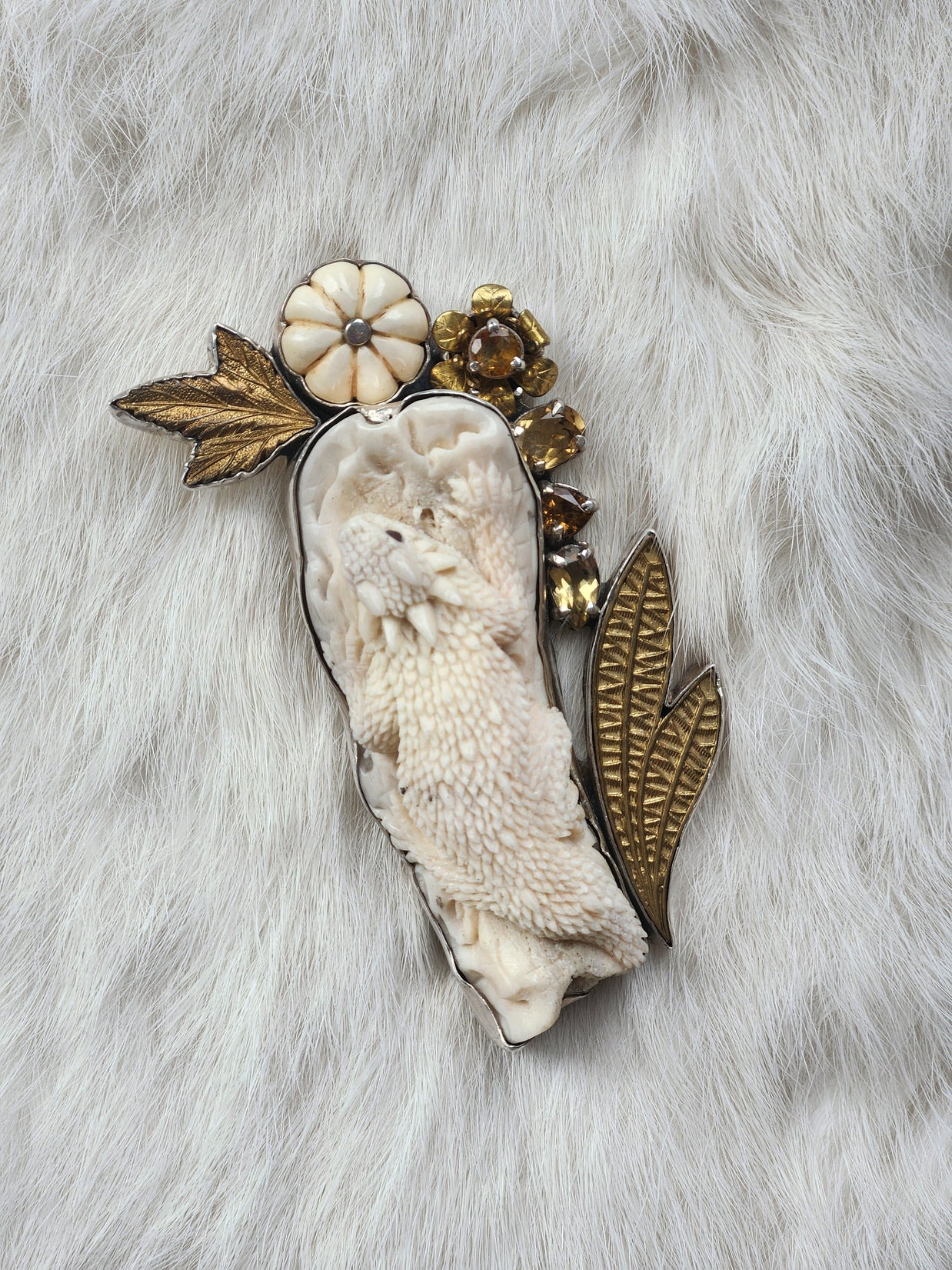 Carved Lizard Citrine Pendant/Pin