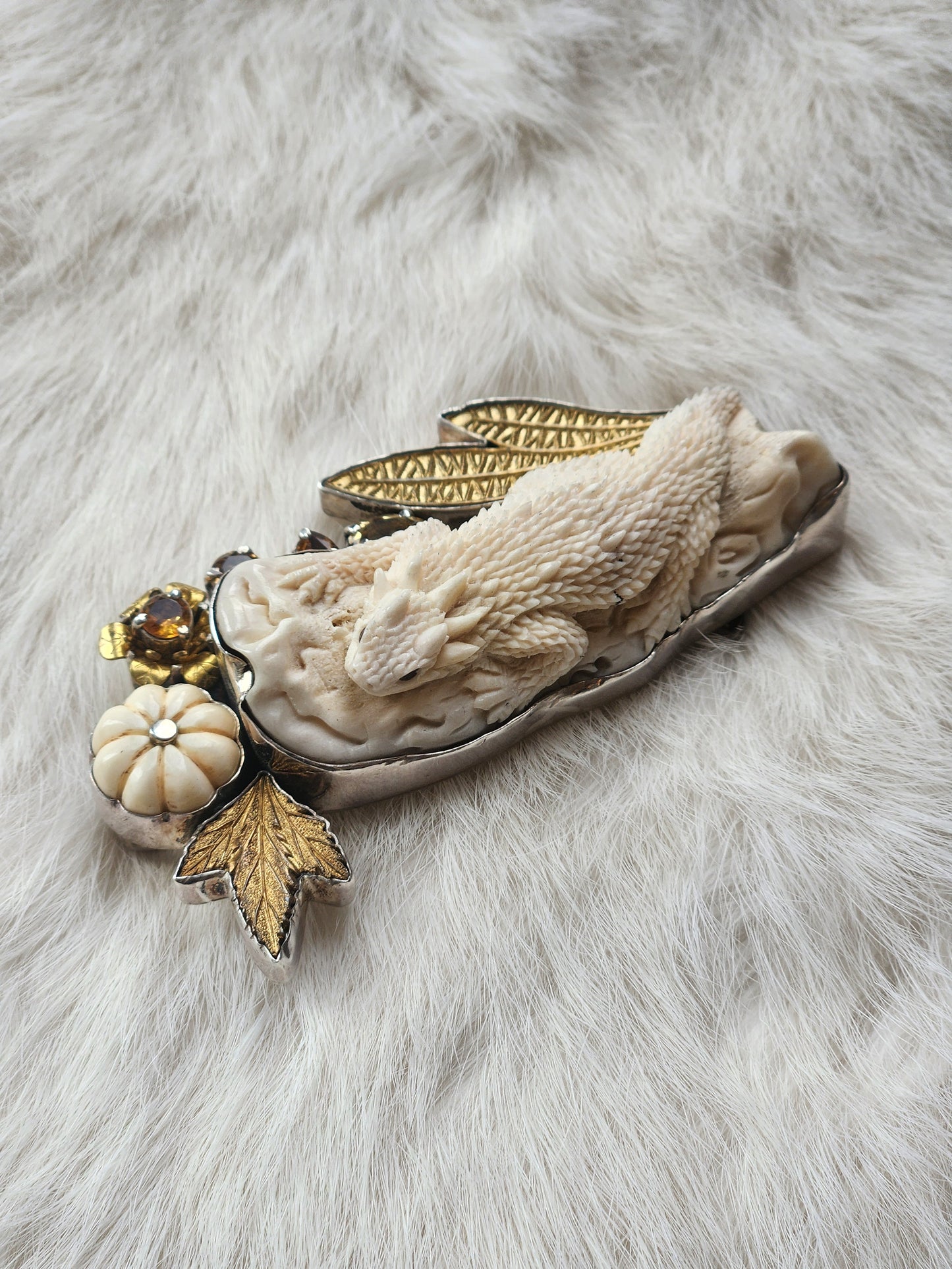 Carved Lizard Citrine Pin