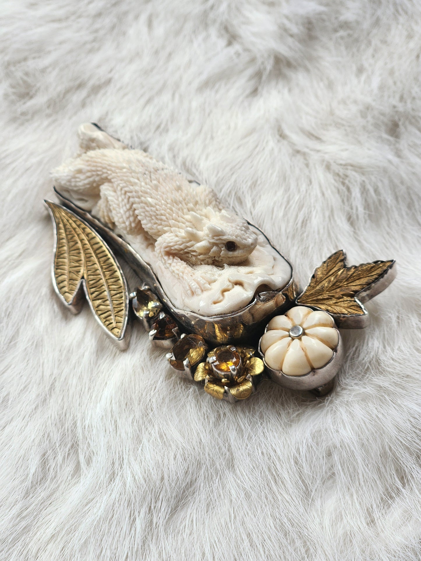 Carved Lizard Citrine Pin