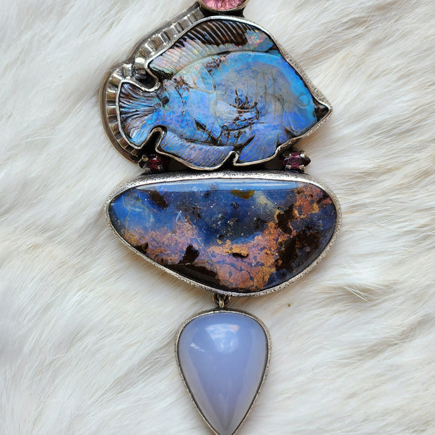 Boulder Opal Fish, Tourmaline Pendant/Pin