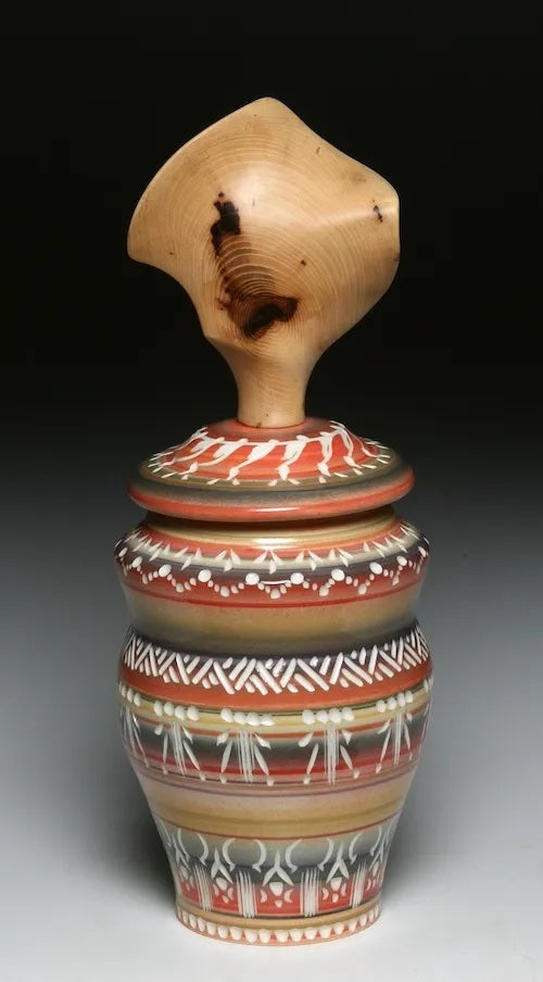 Carved Salmon & Gold Wood Handle Jar