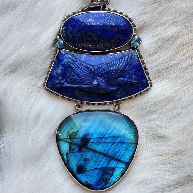 Hand Carved Crane in Lapis Pendant/Pin