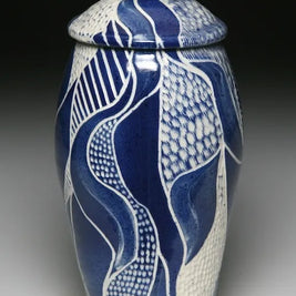 Navy Blue & White Carved Jar