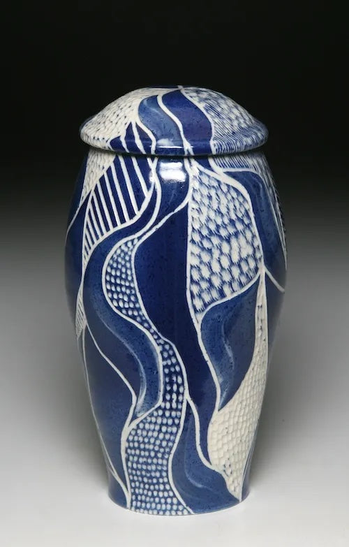 Navy Blue & White Carved Jar