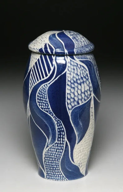 Navy Blue & White Carved Jar