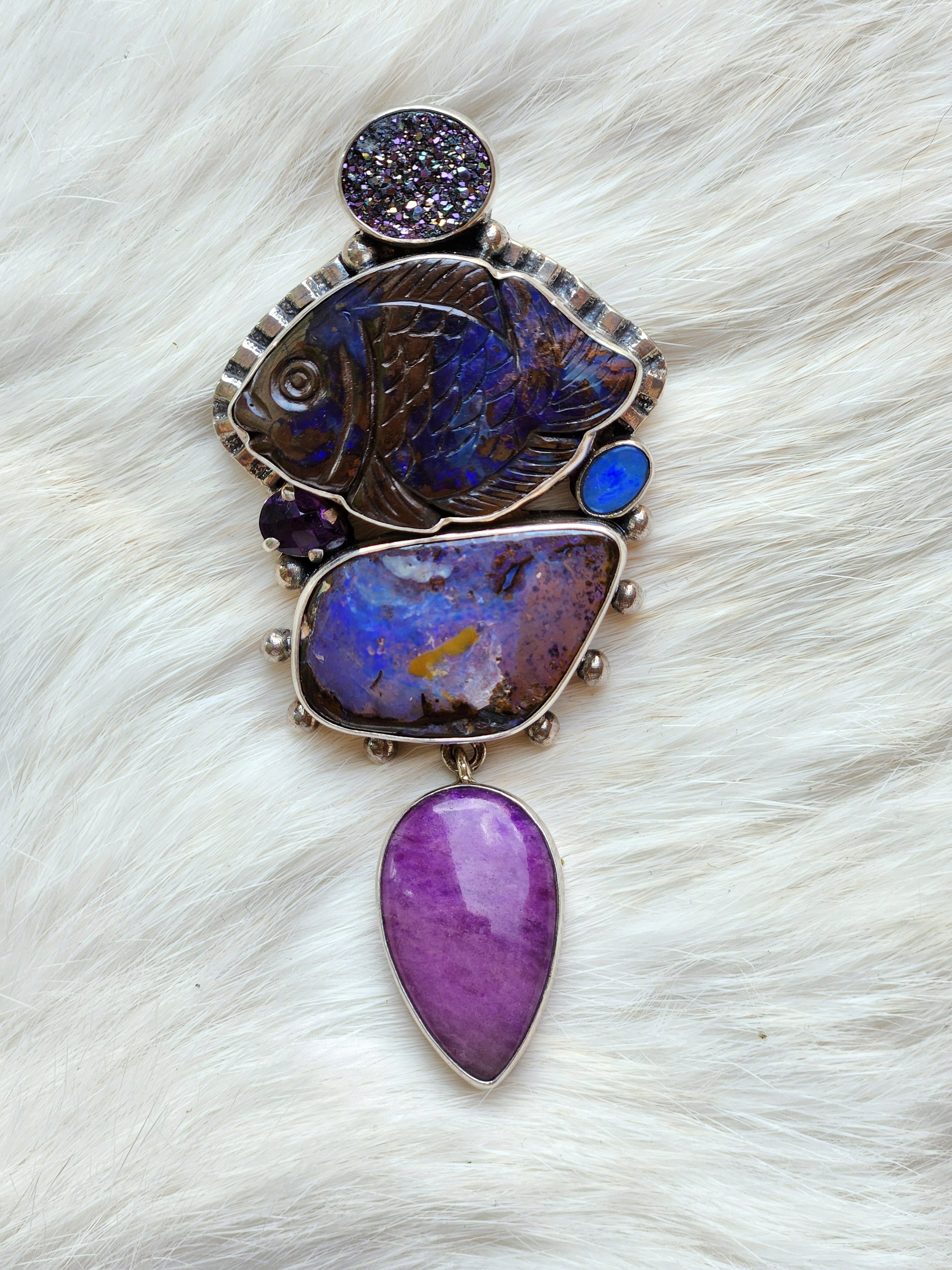 Opal Fish Amethyst Pendant/Pin